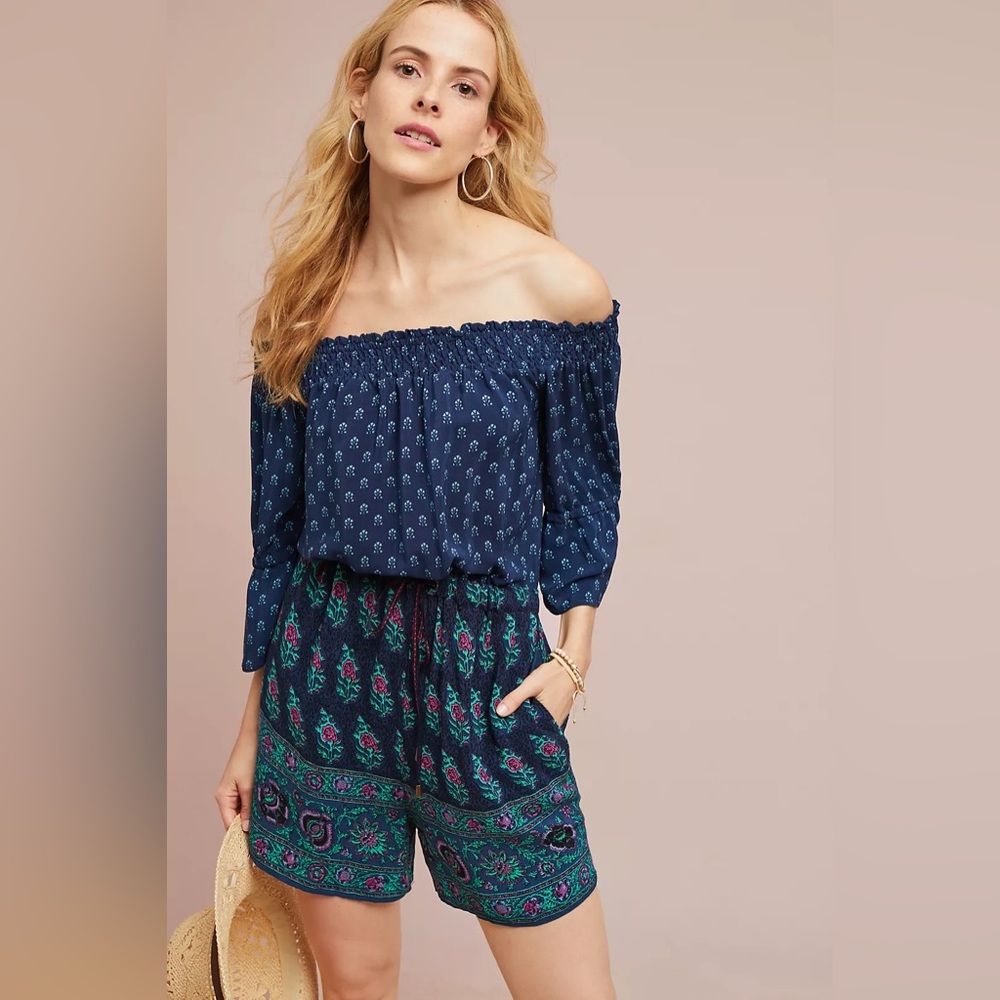 Anthropologie Navy Off-Shoulder Printed Romper with Teal & Pink Accents